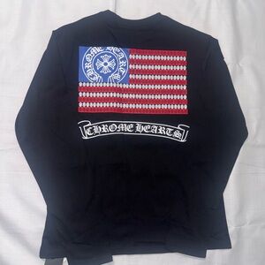 Chrome Hearts Black Long Sleeve Tee with White Cross Logo and usa flag on back